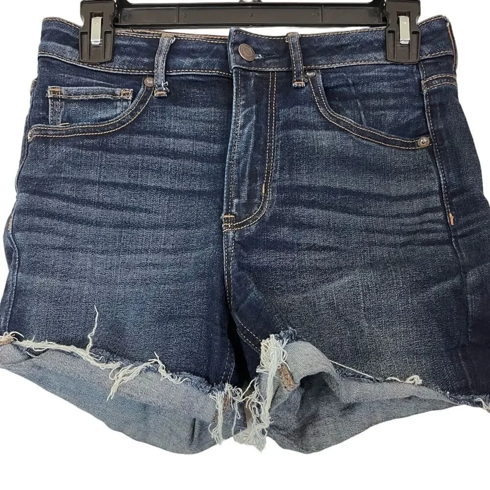 AMERICAN EAGLE SUPER HI RISE SHORTIE Raw Hem Cut Offs Dark Distressed Shorts 4